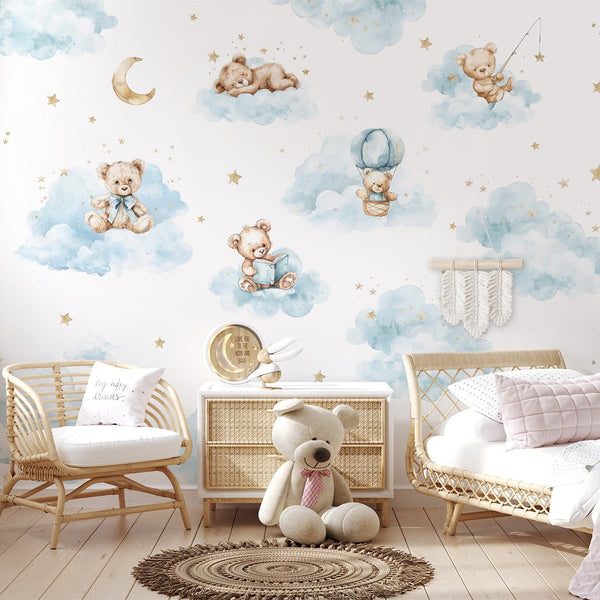 Blue Clouds and Bears Wall Mural SM011 - CostaCover - Peel and stick Removable Wallpaper - abstract wallpaper - accent wallpaper - adhesive wallpaper
