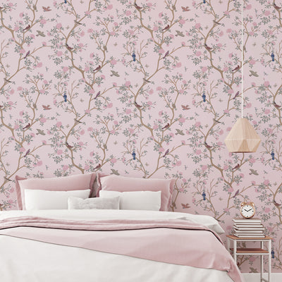 Pink Blossom Trees and Birds Self Adhesive Wallpaper W059