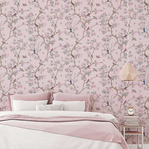 Pink Blossom Trees & Birds Wallpaper W059 - CostaCover - Peel and stick Removable Wallpaper - accent wallpaper - adhesive wallpaper - baby bedroom