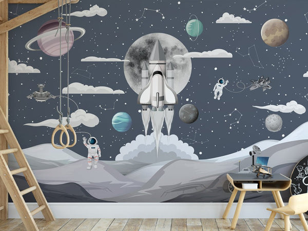 Grey Space & Star Ship Wall Mural WM063 - CostaCover - Peel and stick Removable Wallpaper - abstract wall art - abstract wallpaper - accent wallpaper