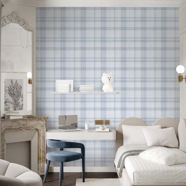 Blue Plaid Farmhouse Wallpaper S008 - CostaCover-Peel and stick Removable Wallpaper-abstract wall art-abstract wallpaper-accent wallpaper