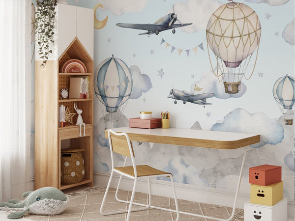 Air Balloons & Airplanes Wall Mural WM064 - CostaCover - Peel and stick Removable Wallpaper - accent wallpaper - adhesive wallpaper - air balloon