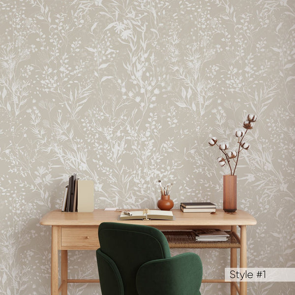 Beige & White Floral Wallpaper W050 - CostaCover - Peel and stick Removable Wallpaper - abstract floral - accent wallpaper - adhesive wallpaper