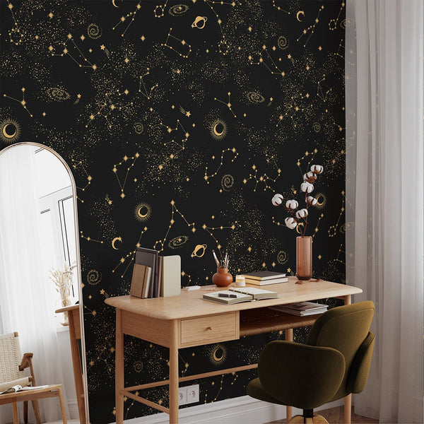 Black Starry Night Wallpaper W169 - CostaCover - Peel and stick Removable Wallpaper - abstract wall art - abstract wallpaper - accent wallpaper