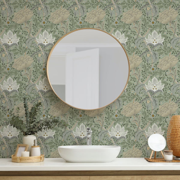 Green Windrush wallpaper with stylized botanical motifs, including large blooms and vine bands. Suitable for creating a traditional look in living rooms or hallways, this wallpaper provides a heritage-inspired design.