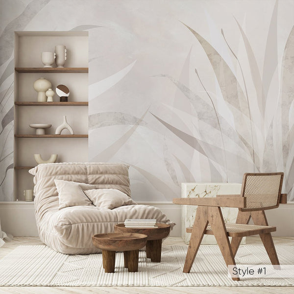 Beige Gray Leaves Wall Mural AM078 - CostaCover - Peel and stick Removable Wallpaper - about walls - abstract floral - accent wallpaper