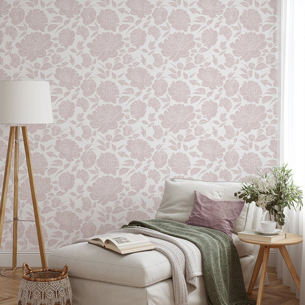 Pastel Pink Peony Flowers Wallpaper CC300 - CostaCover - Peel and stick Removable Wallpaper - abstract floral - abstract wallpaper - accent wallpaper