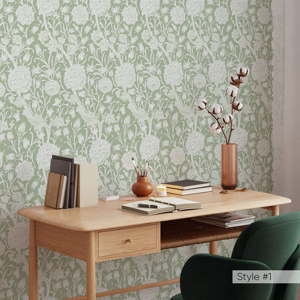 Green Beige Wild Tulip by Morris Wallpaper W111 - CostaCover - Peel and stick Removable Wallpaper - abstract floral - abstract wallpaper - accent wallpaper