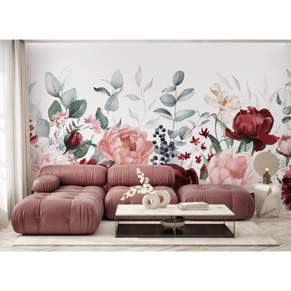 Burgundy Pink Flowers Wall Mural SM023 - CostaCover - Peel and stick Removable Wallpaper - accent wallpaper - adhesive wallpaper - bathroom wallpaper