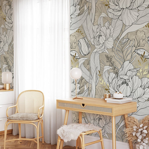 Beige, Black & Gold Flowers Wall Mural CCM158 - CostaCover - Peel and stick Removable Wallpaper - abstract wallpaper - accent wallpaper - adhesive wallpaper