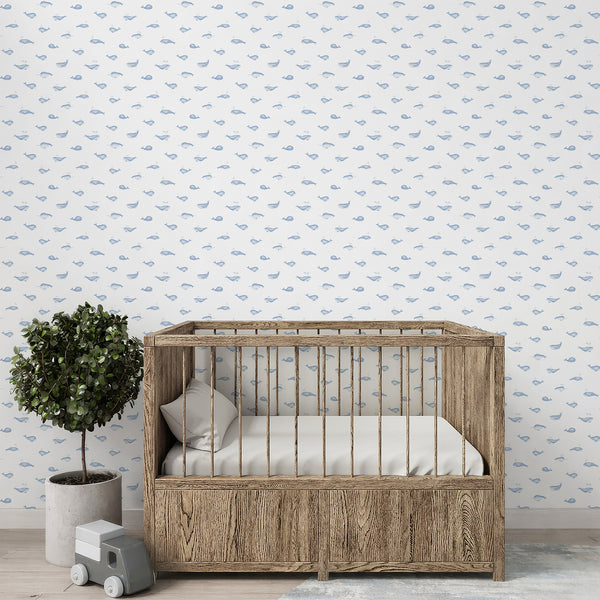 Cute whale wallpaper with delicate watercolor shading, subtle spots, and small water droplets for a peaceful sea-themed nursery accent wall.