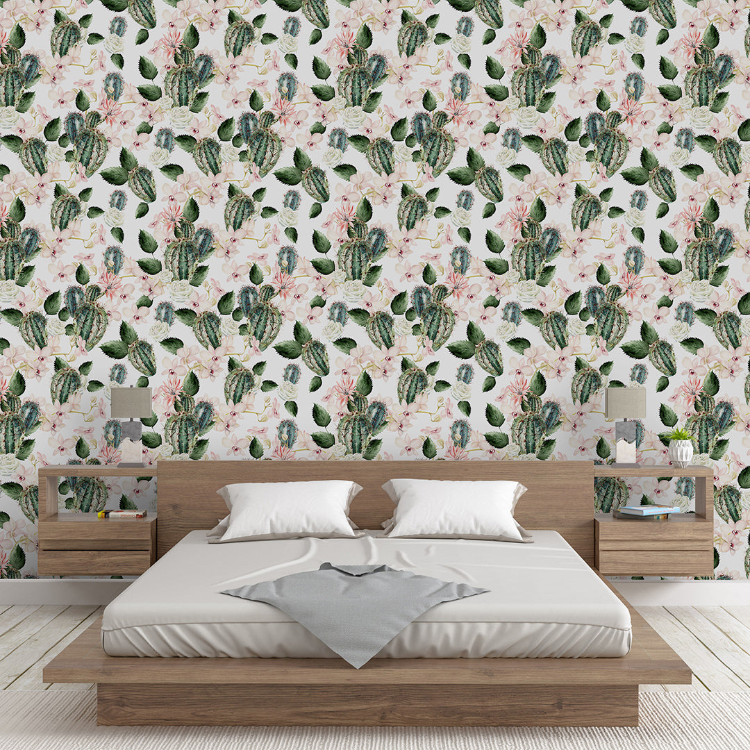 Self Adhesive Floral Green Cactus Rose and Orchids Removable Wallpaper CC207