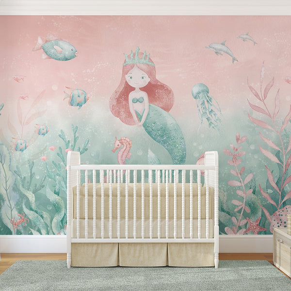 Pink Green Mermaid Wall Mural SM064 - CostaCover - Peel and stick Removable Wallpaper - accent wallpaper - adhesive wallpaper - ariel mermaid