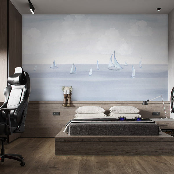 Pastel Blue Sailing Boats Wall Mural AM156 - CostaCover-Peel and stick Removable Wallpaper-accent wallpaper-adhesive wallpaper-baby bedroom