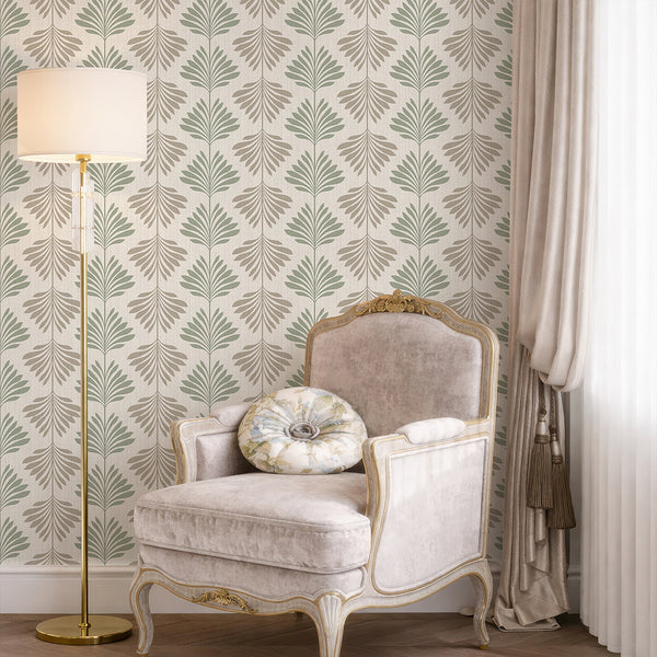 Sage Green Beige Palm Leaf Wallpaper L013