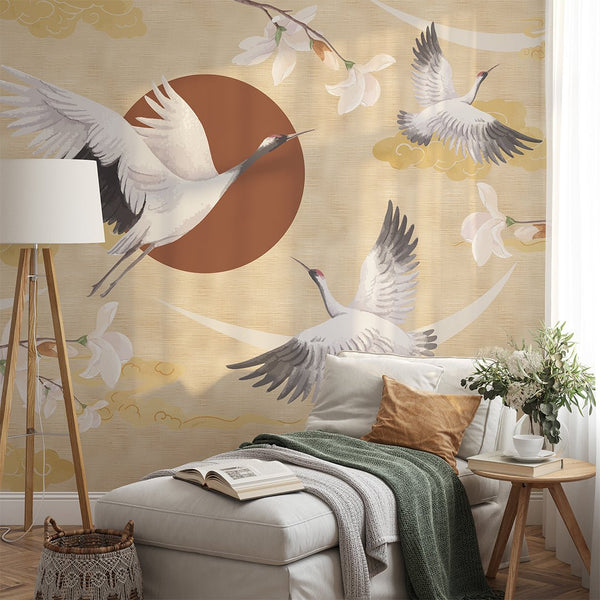 Chinoiserie Crane & Sunset Grasscloth Wall Mural CG002 - CostaCover - Traditional Wallpaper - accent wallpaper - bathroom wallpaper - bedroom wallpaper