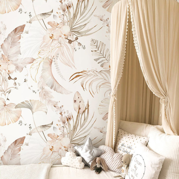 Tropical Bouquet Boho Wallpaper W005 - CostaCover - Peel and stick Removable Wallpaper - baby bedroom - bedroom interior - bedroom wallpaper
