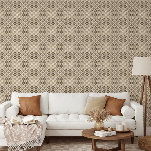 Compact diamond medallions in taupe and brown on beige, perfect for adding an old-world texture to entryways. High-quality removable material, easy to reposition.