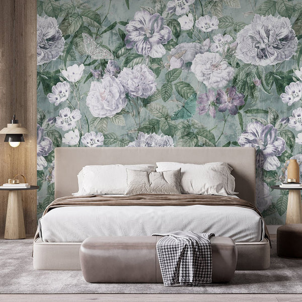 Light Mint Vintage Flowers Garden Wall Mural SM047 - CostaCover - Peel and stick Removable Wallpaper - accent wallpaper - adhesive wallpaper - bathroom wallpaper
