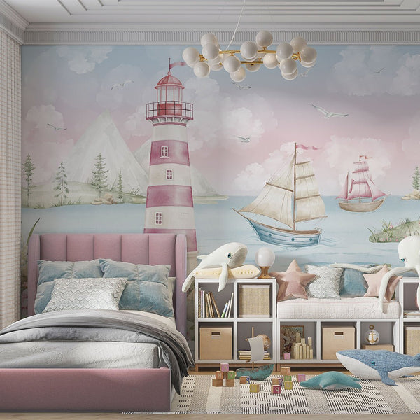 Pink Nautical Lighthouse Wall Mural AM159 - CostaCover-Peel and stick Removable Wallpaper-accent wallpaper-adhesive wallpaper-baby bedroom
