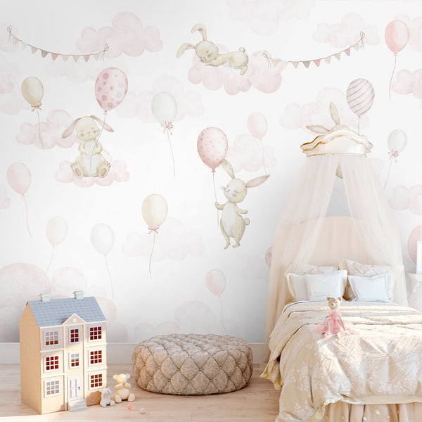 Beige Pink Bunny & Balloons Wall Mural SM079 - CostaCover - Peel and stick Removable Wallpaper - abstract wall art - abstract wallpaper - accent wallpaper