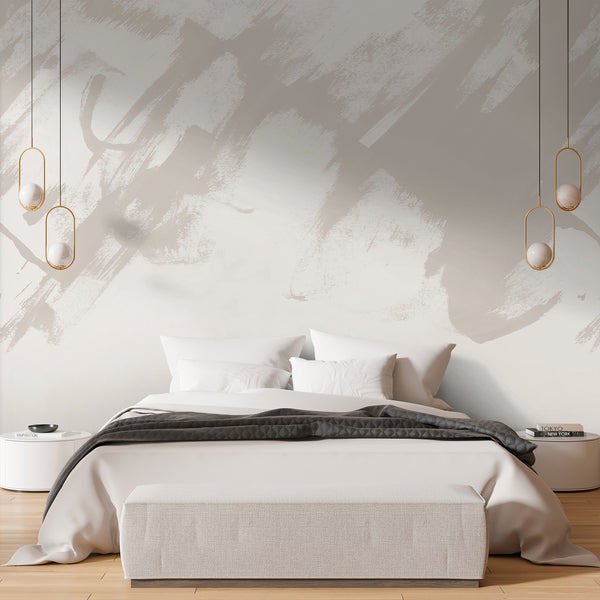 Modern beige wallpaper featuring oversized abstract paint strokes in warm neutral tones and white for a minimalist bedroom, office or living room.