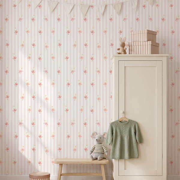 Pink stripe wallpaper with a hand-painted bunny ballerina in a soft tutu, ideal for a ballet-themed nursery or feminine kids bedroom.