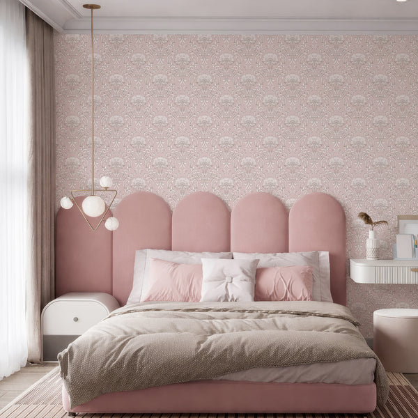 Blush pink wallpaper with bold floral scrollwork, suitable for a French country living room. Pre-pasted wallpaper, easy to reposition, ideal for decorators.