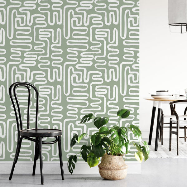 Green & White Boho Line Wallpaper W012 - CostaCover - Peel and stick Removable Wallpaper - Abstract - abstract lines - abstract wall art