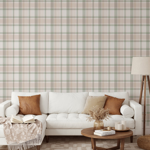 Country cottage wallpaper with soft sage green, warm beige and cream plaid checks, ideal for farmhouse living rooms and vintage-inspired home decor.