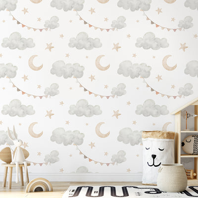 Clouds Moon & Bunting Wallpaper S112