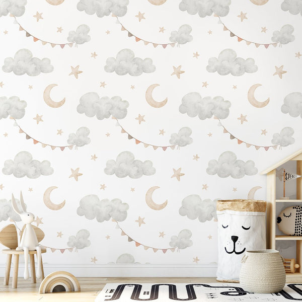 Clouds Moon & Bunting Wallpaper S112 - CostaCover - Peel and stick Removable Wallpaper - accent wallpaper - adhesive wallpaper - baby bedroom