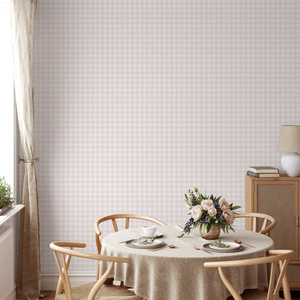 Preppy pink plaid wallpaper with alternating solid and striped checks, creating a sweet classic look for nurseries, bedrooms, and playrooms.