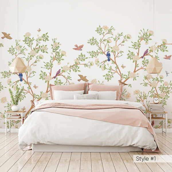 Blossom Flowers & Birds Wall Mural WM033 - CostaCover - Peel and stick Removable Wallpaper - accent wallpaper - adhesive wallpaper - baby bedroom