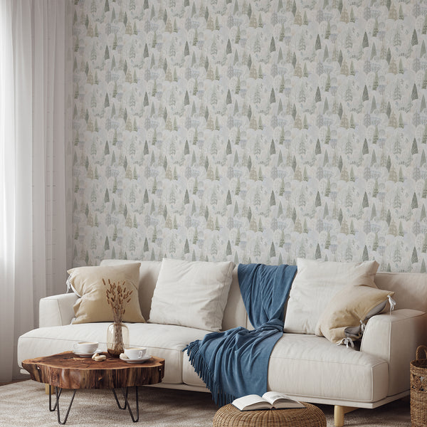 Watercolor woodland wallpaper with tall evergreen silhouettes, rounded treetops and soft dotted foliage in sage green, pale gray and warm beige tones.