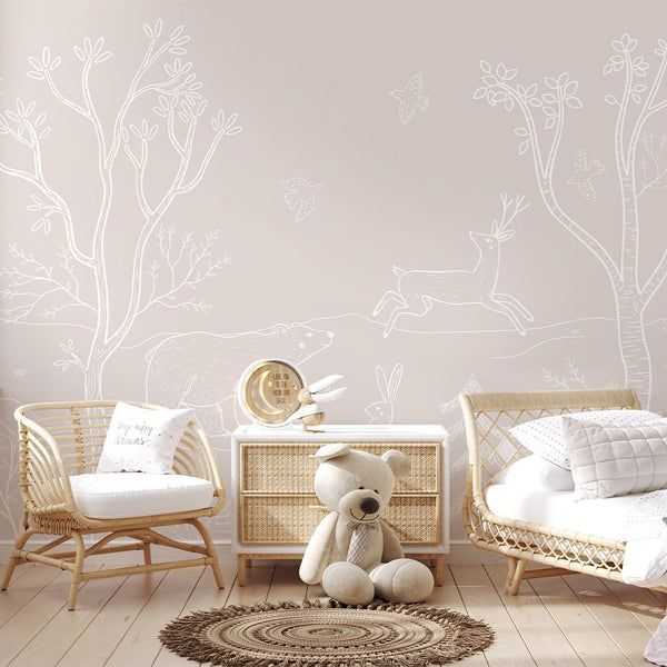 Beige White Forest Animals Wall Mural SM019 - CostaCover - Peel and stick Removable Wallpaper - accent wallpaper - adhesive wallpaper - animal print