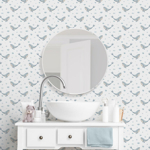 Blue Tiny Whales Wallpaper S085 - CostaCover - Peel and stick Removable Wallpaper - accent wallpaper - adhesive wallpaper - baby bedroom