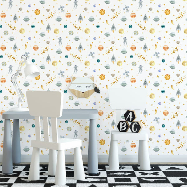 Watercolor Space Wallpaper W079 - CostaCover - Peel and stick Removable Wallpaper - adhesive wallpaper - Aqua blue wallpaper - astronaut