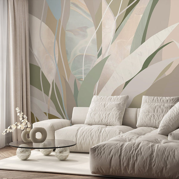 Beige Green Leaves Wall Mural AM079 - CostaCover - Peel and stick Removable Wallpaper - about walls - Abstract - abstract floral
