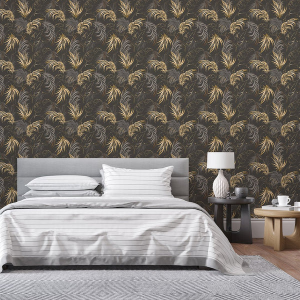 Brown & Gold Palm Leaves Wallpaper W134 - CostaCover - Peel and stick Removable Wallpaper - Abstract Beige Gold Stripes Waves Removable Wallpaper near me - abstract wall art - abstract wallpaper