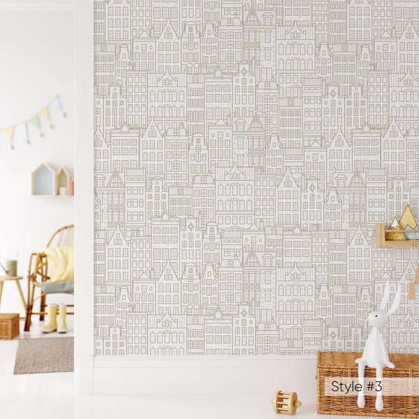 Blue Pink Beige City Houses Wallpaper CC311 - CostaCover - Peel and stick Removable Wallpaper - Abstract - Abstract Labyrinth Lines - abstract lines