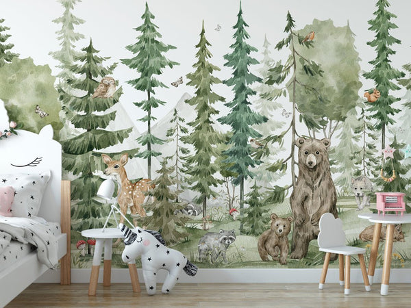 Wild Animals in Forest Wall Mural WM056 - CostaCover - Peel and stick Removable Wallpaper - accent wallpaper - adhesive wallpaper - animal print
