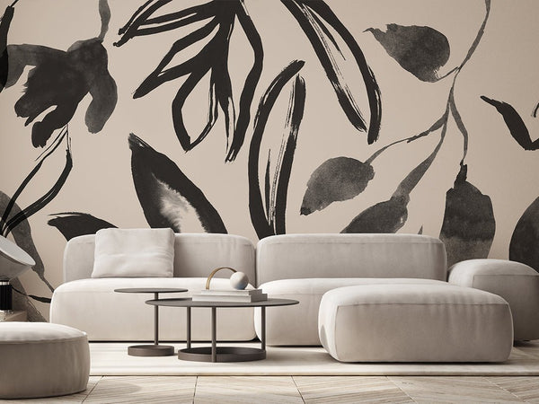 Black Beige Floral Wall Mural AM037 - CostaCover - Peel and stick Removable Wallpaper - about walls - Abstract - abstract floral