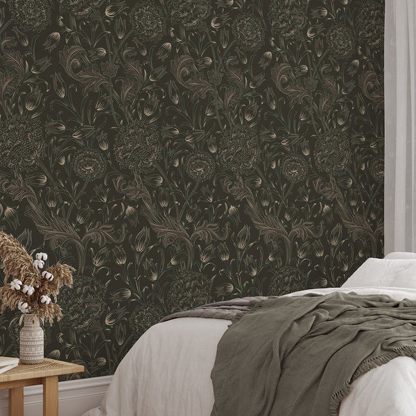 Brown Wild Tulip by Morris Wallpaper W112 - CostaCover - Peel and stick Removable Wallpaper - abstract floral - abstract lines - abstract wall art