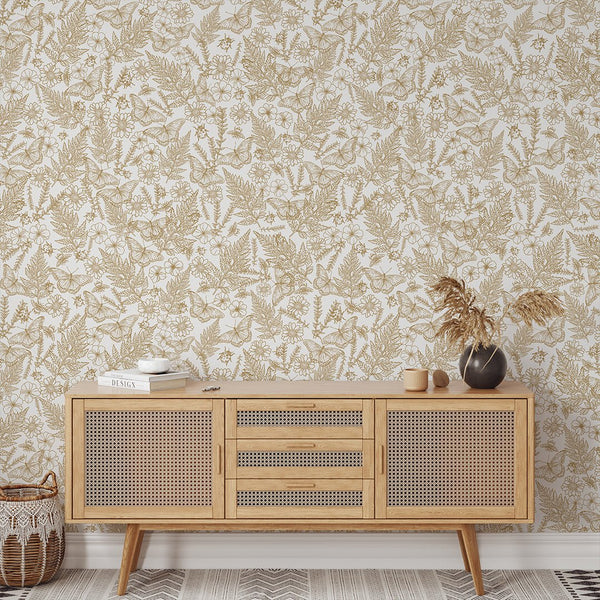 Beige Butterflies & Plants Wallpaper W157 - CostaCover - Peel and stick Removable Wallpaper - abstract floral - abstract wallpaper - accent wallpaper