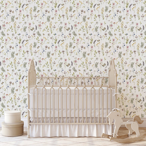 Self-adhesive wallpaper with botanical sprigs and butterflies, suited for bright and cheerful children's rooms.