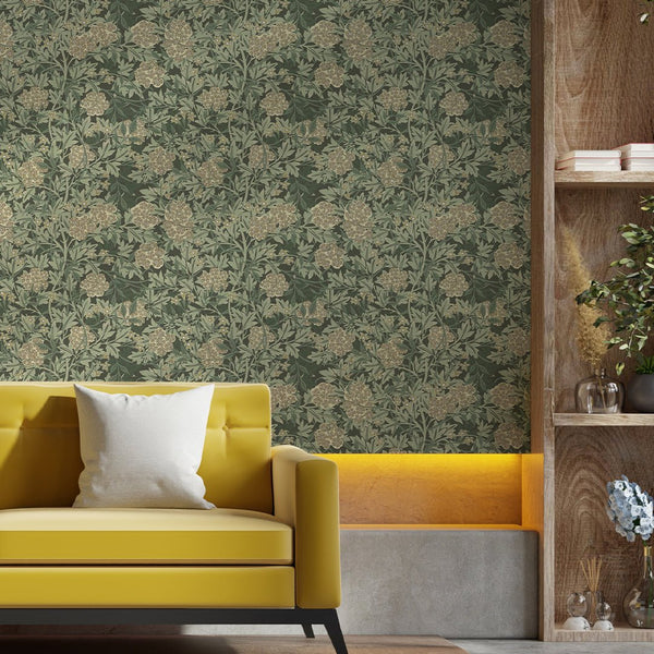 Jasmine wallpaper featuring beige and pale yellow blossoms with green foliage, creating a dense floral tapestry. Suitable for study or dining areas, this wallpaper provides a traditional look with graphic vine networks.