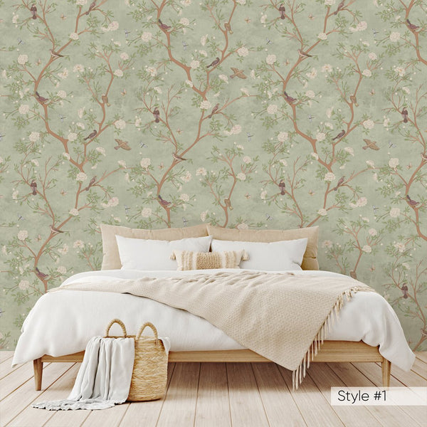 Green Blossom Trees & Birds Wallpaper W056 - CostaCover - Peel and stick Removable Wallpaper - abstract wallpaper - adhesive wallpaper - baby bedroom