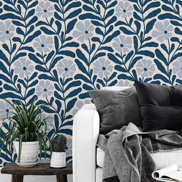 Blue Floral Botanical Wallpaper W142 - CostaCover-Peel and stick Removable Wallpaper-Abstract-abstract floral-Abstract Labyrinth Lines