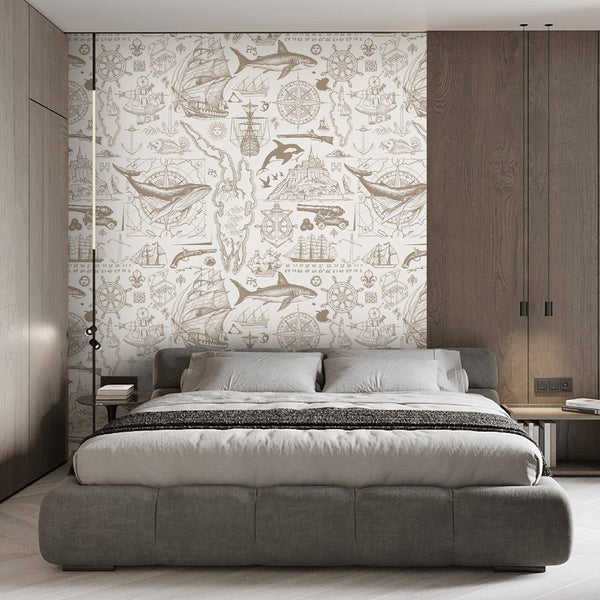 Beige Nautical Sketch Wallpaper A092 - CostaCover-Peel and stick Removable Wallpaper-abstract wall art-abstract wallpaper-accent wallpaper